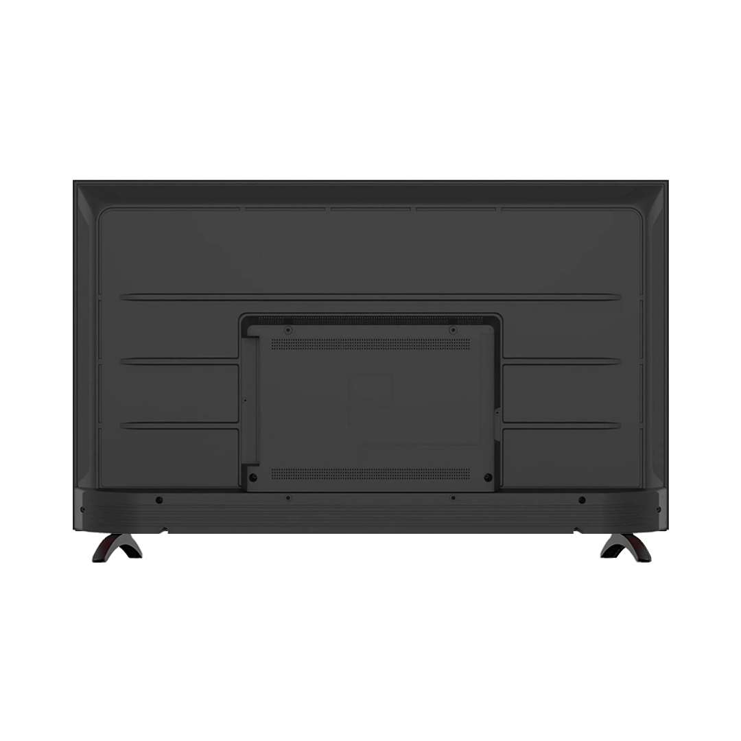 Rear view of the black television showing ventilation slots and a recessed central mounting plate with screw holes, resting on two feet