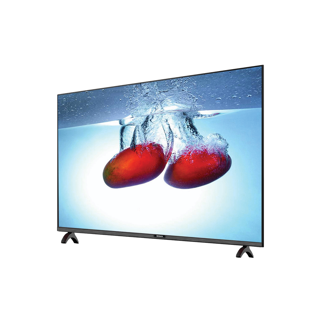 Angled view of the SIGMA STV-KU65V6-S television showing its narrow frame and support feet