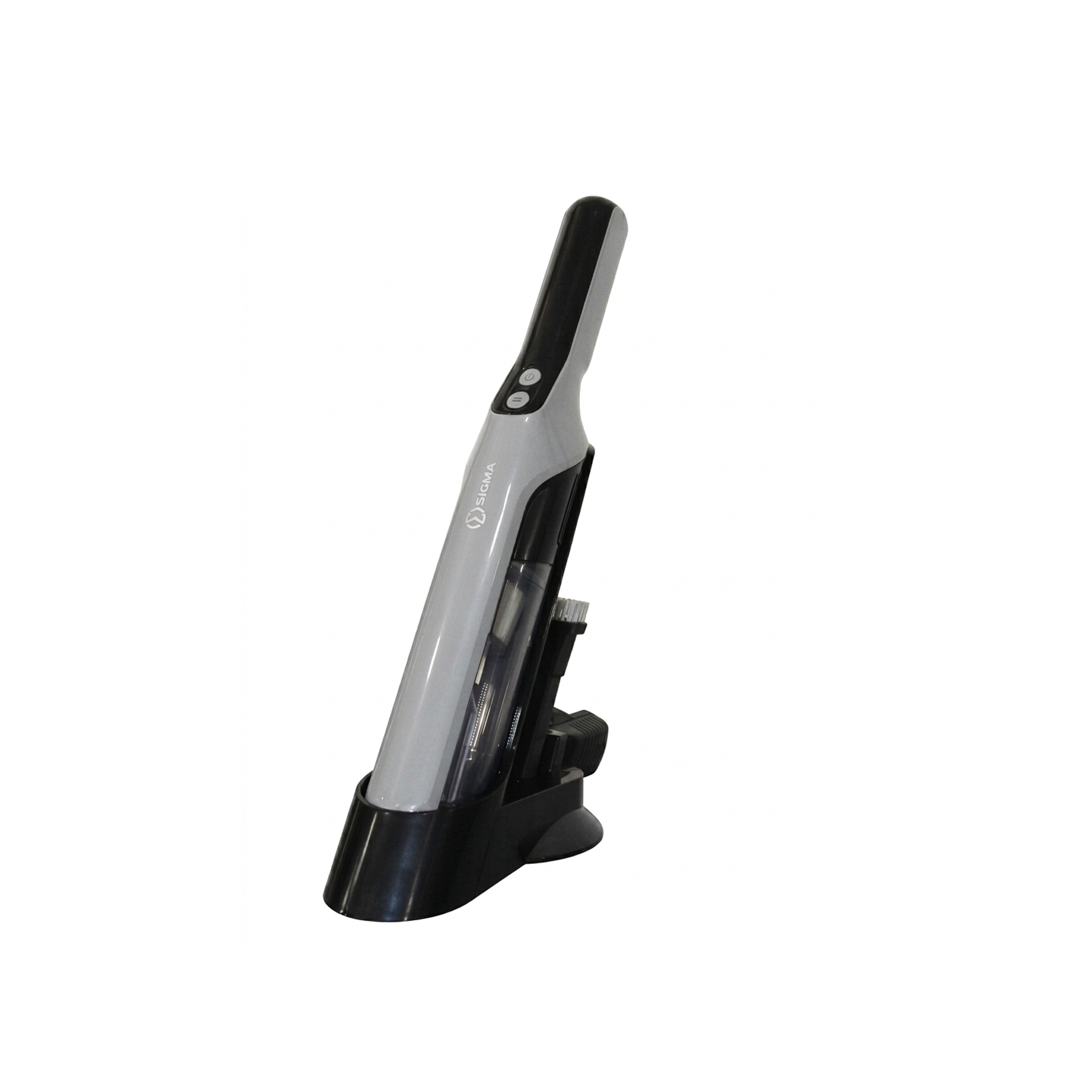 Grey and black Sigma handheld stick vacuum standing upright in its black charging base, with a clear dust container and two small attachments stored alongside