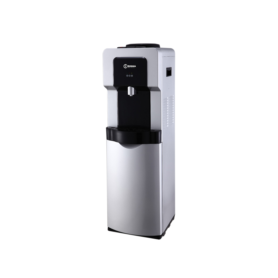 Sigma SWD-M1335S-W water dispenser in silver and black, seen from a front three quarter angle, with a bottle collar on top and a cabinet below the tap