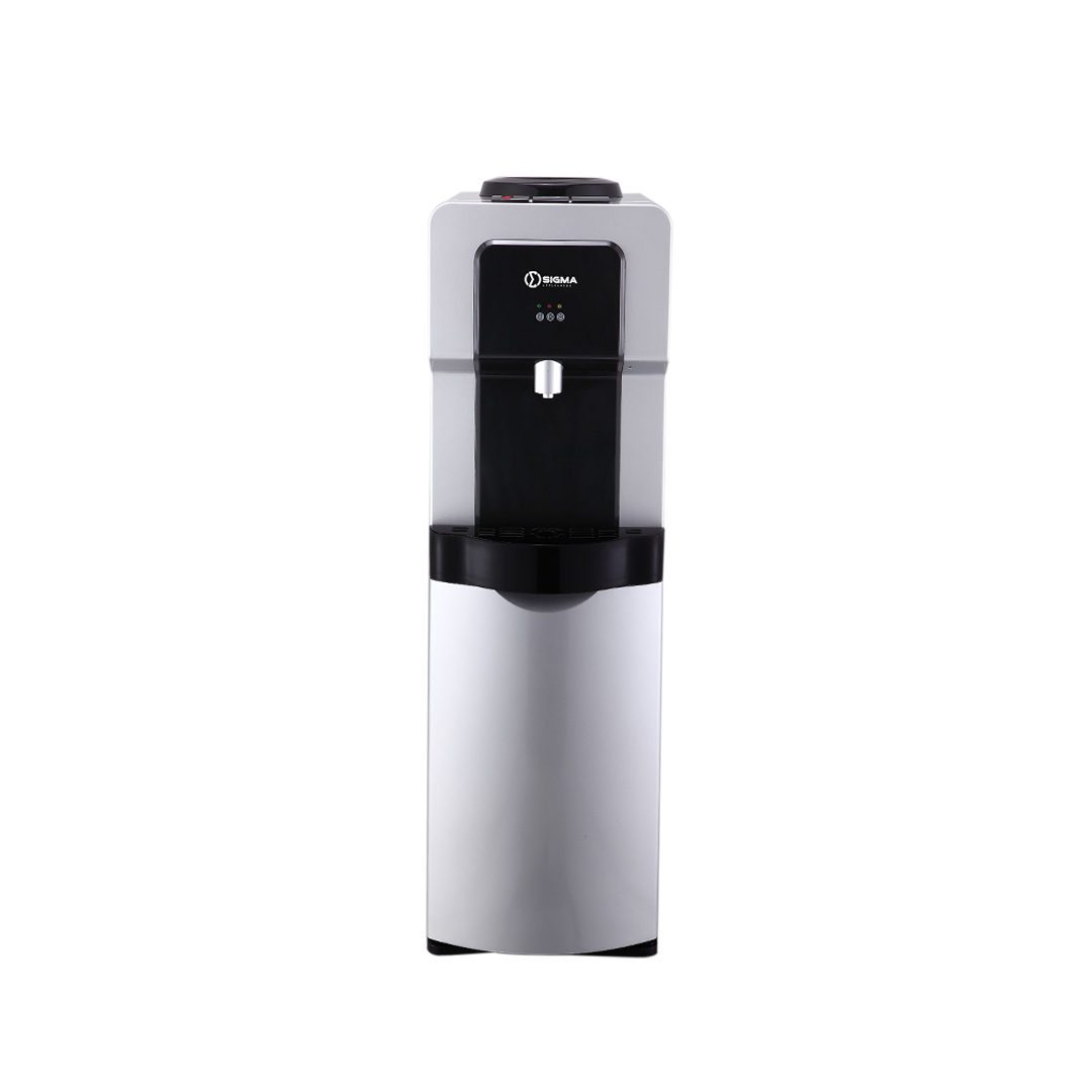 Front view of the Sigma water dispenser showing the indicator lights above the tap, the removable drip tray and the closed cabinet door beneath