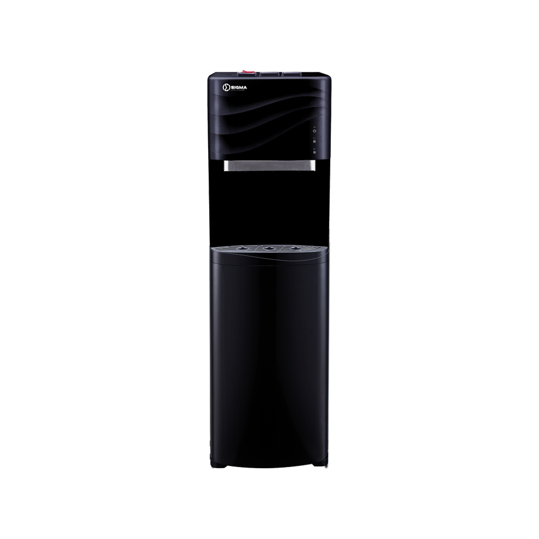 Black Sigma water dispenser photographed straight on, showing the three press buttons, the stainless steel spout panel and the wide drip tray above a tall closed cabinet