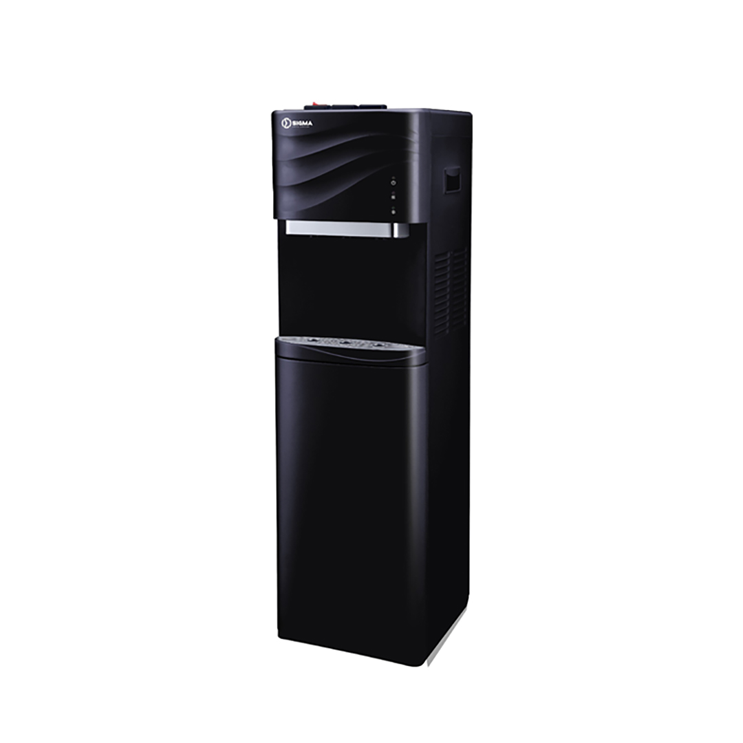 Three quarter view of the black Sigma dispenser showing the vent grille on the side panel and the tall cabinet door