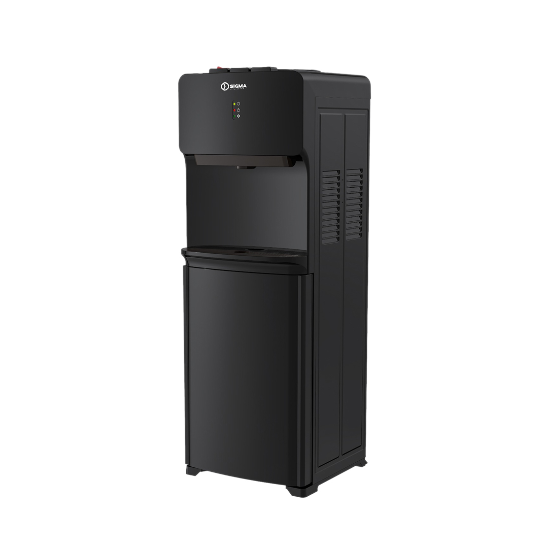 Sigma SWD-M1663S water dispenser in black, front three quarter view, showing indicator lights, a single tap with drip tray and a closed cabinet door below