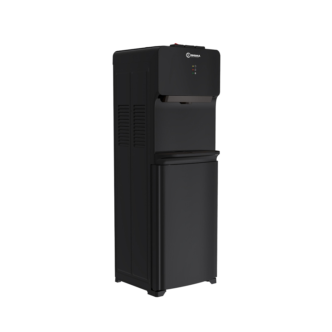 Rear three quarter view of the black Sigma dispenser showing the ventilation louvres on the side panel