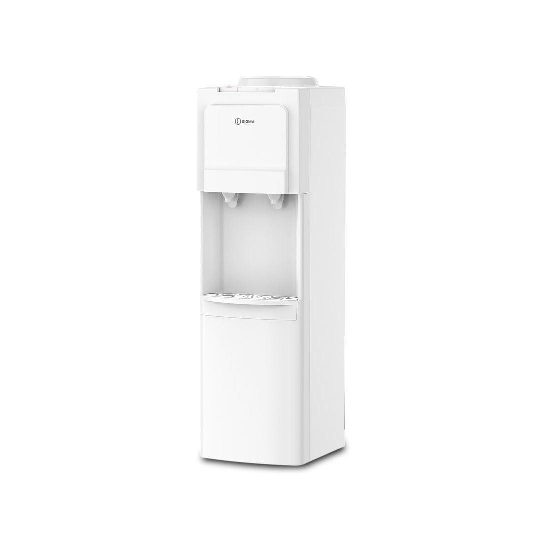 Sigma SWD-M2340S white floor standing water dispenser seen from the front and side, with two taps, a drip tray and a closed lower cabinet