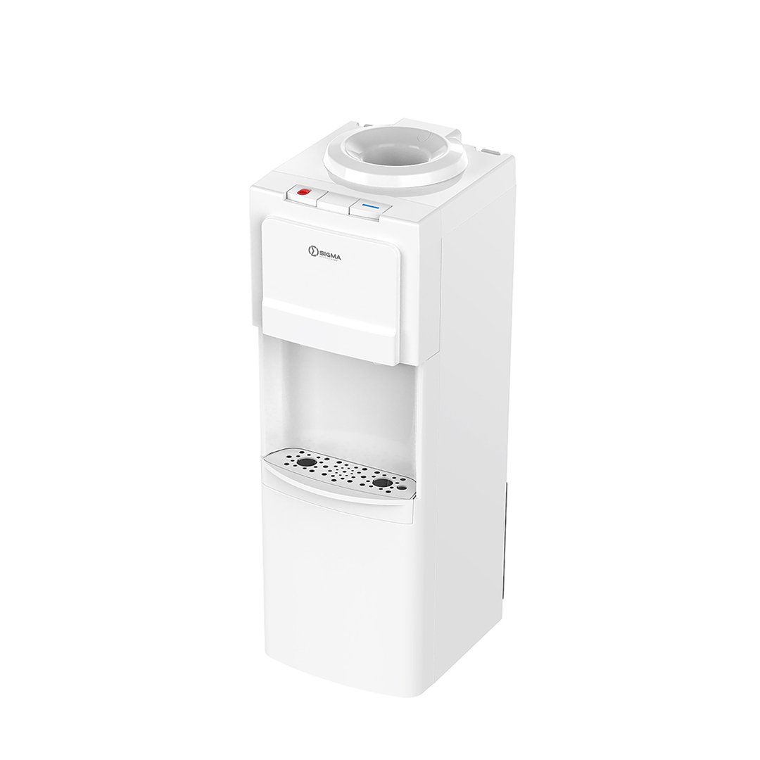 Top view of the dispenser showing the round bottle crown, a red switch, a centre switch and a blue switch, plus the two taps and perforated drip tray below