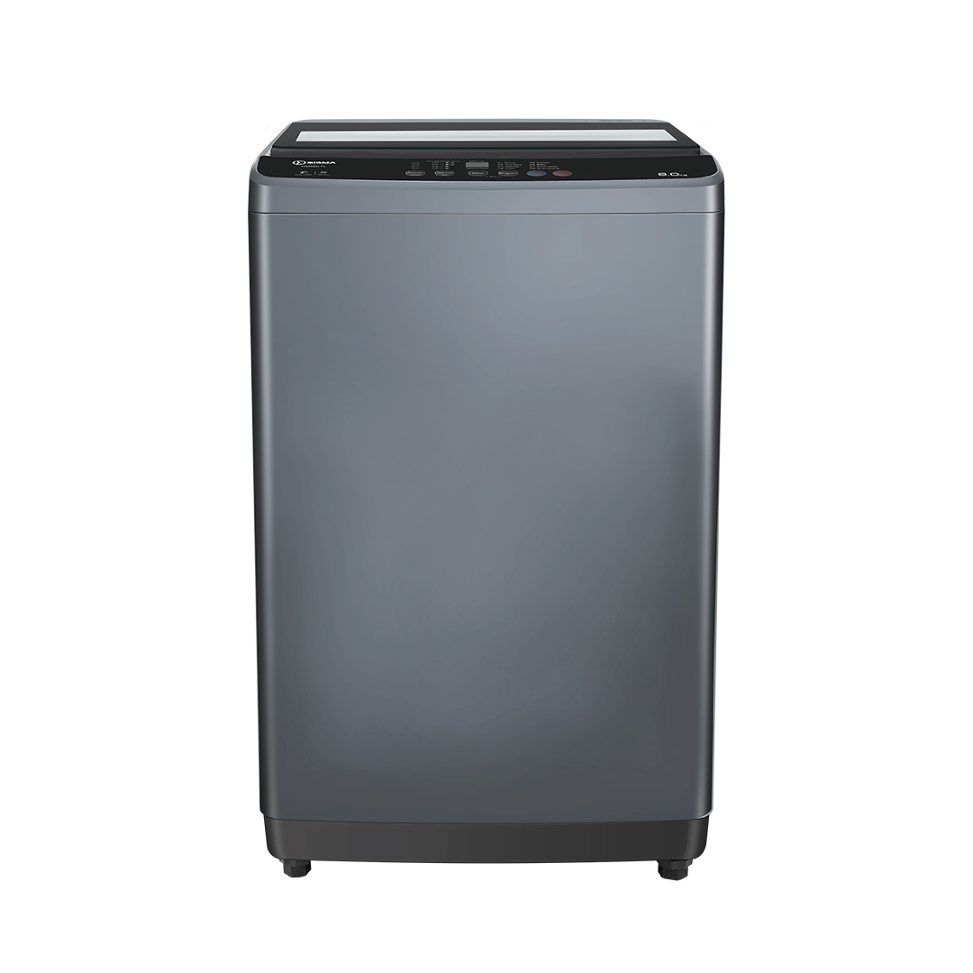 Sigma SWM-T105TL top load washing machine in metallic titanium, shown from the front with the control panel across the top edge