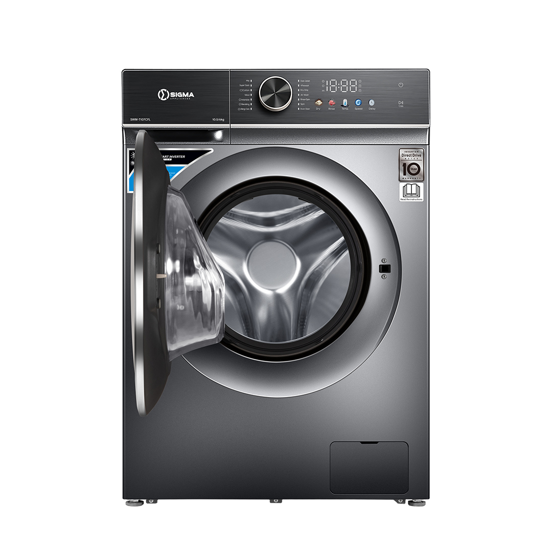 The Sigma washer dryer with the door open, showing the metal drum with three raised paddles and the small filter flap at the bottom right of the cabinet