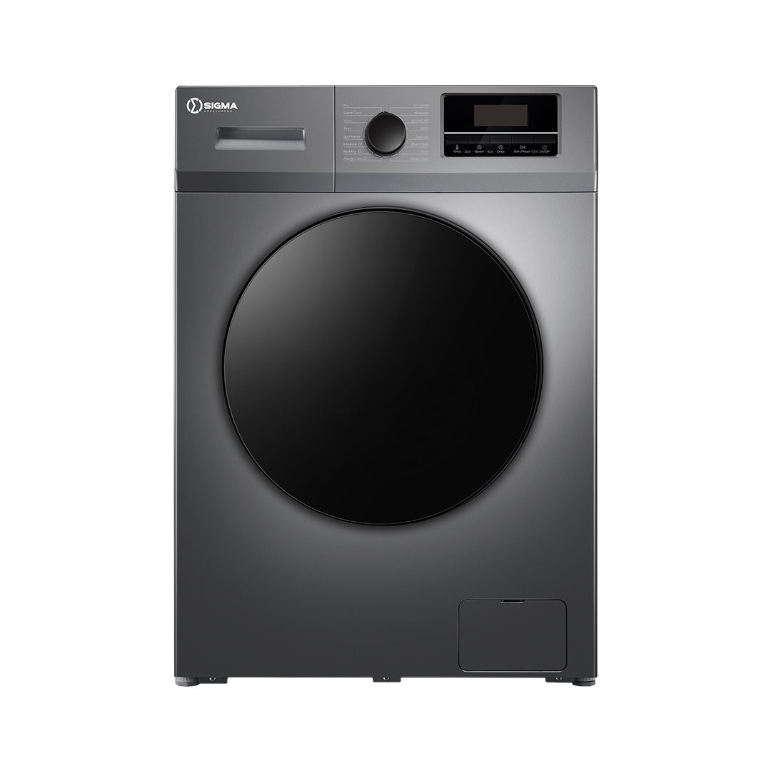 Grey Sigma front load washing machine seen straight on, with a large round black door, a detergent drawer at top left, a programme dial and an LED display