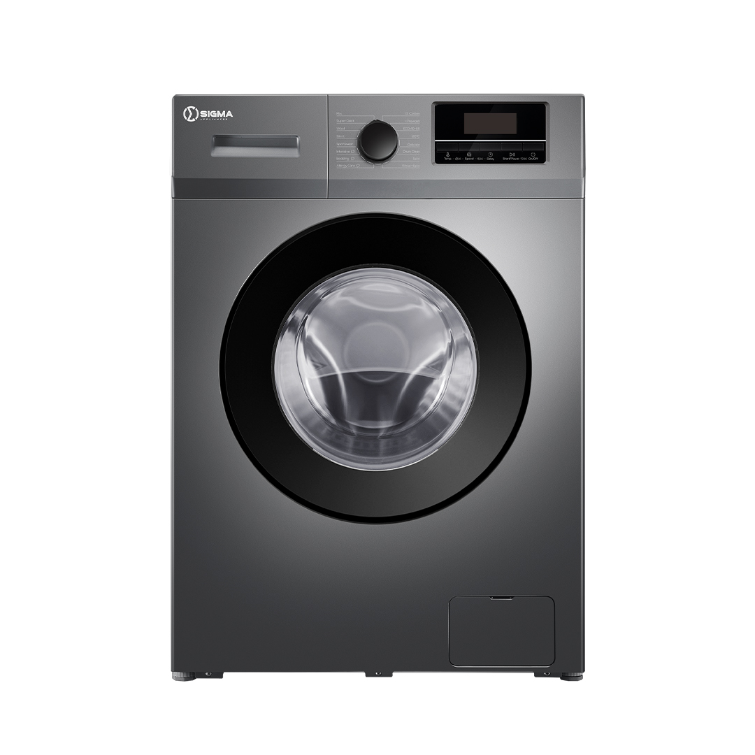 Sigma SWM-T80FL front load washing machine in metallic grey, shown straight on with the glass door closed and the control strip along the top