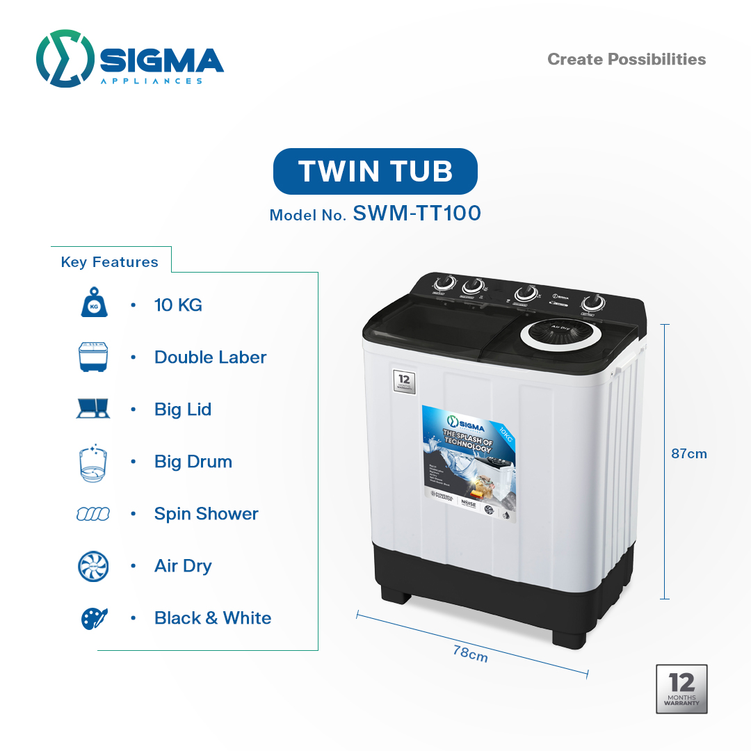 Sigma feature card for the SWM-TT100 twin tub listing 10 KG, Double Laber, Big Lid, Big Drum, Spin Shower, Air Dry and Black and White, with the machine marked 87cm high and 78cm wide