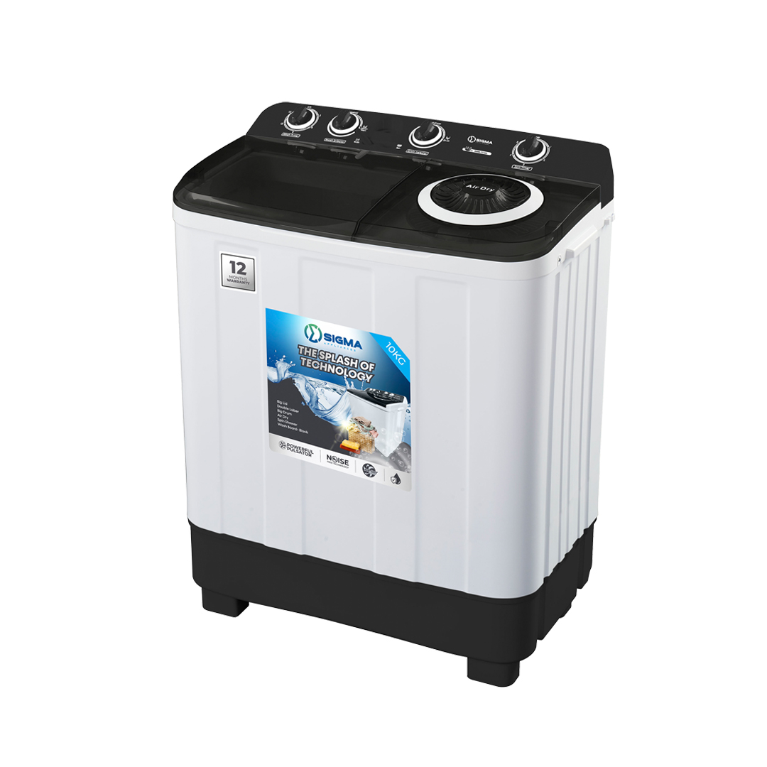 Sigma SWM-TT100 twin tub washing machine seen from the front at an angle, white body with a black top panel, four rotary dials and a round spinner lid marked Air Dry