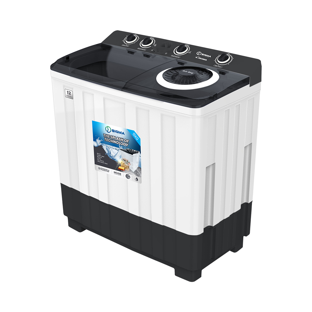 Sigma SWM-TT150 twin tub washing machine, white body with black top panel, four control dials and a round Air Dry vent beside the spin tub