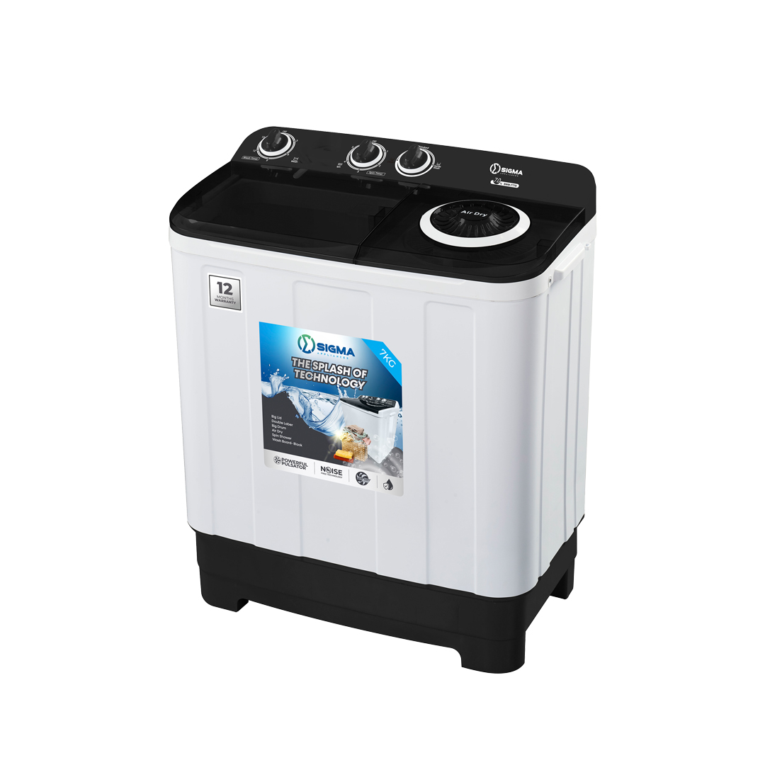 Sigma SWM-TT70 twin tub washing machine at an angle, white body with a black top panel and black base, three rotary dials, a rectangular wash lid on the left and a round spin lid marked Air Dry on the right