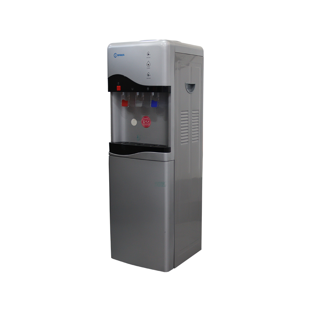 Sigma silver floor standing water dispenser with three coloured push taps, a red safety lock, a black drip tray and a closed cabinet door in the base