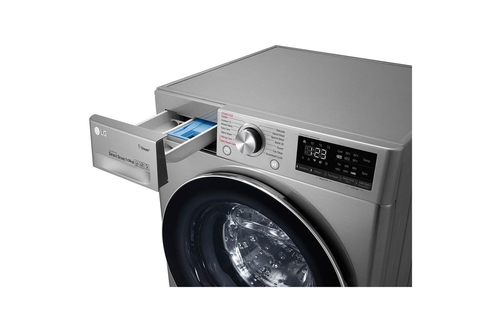 The detergent drawer pulled out, showing the compartments for detergent and softener
