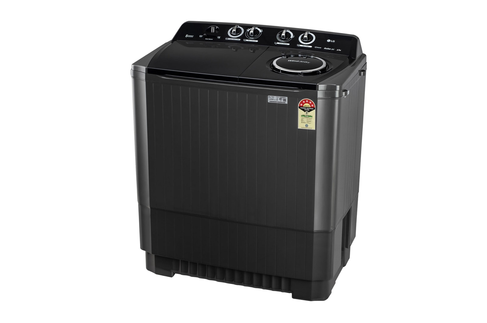Black LG twin tub washing machine seen from the front left with both lids closed