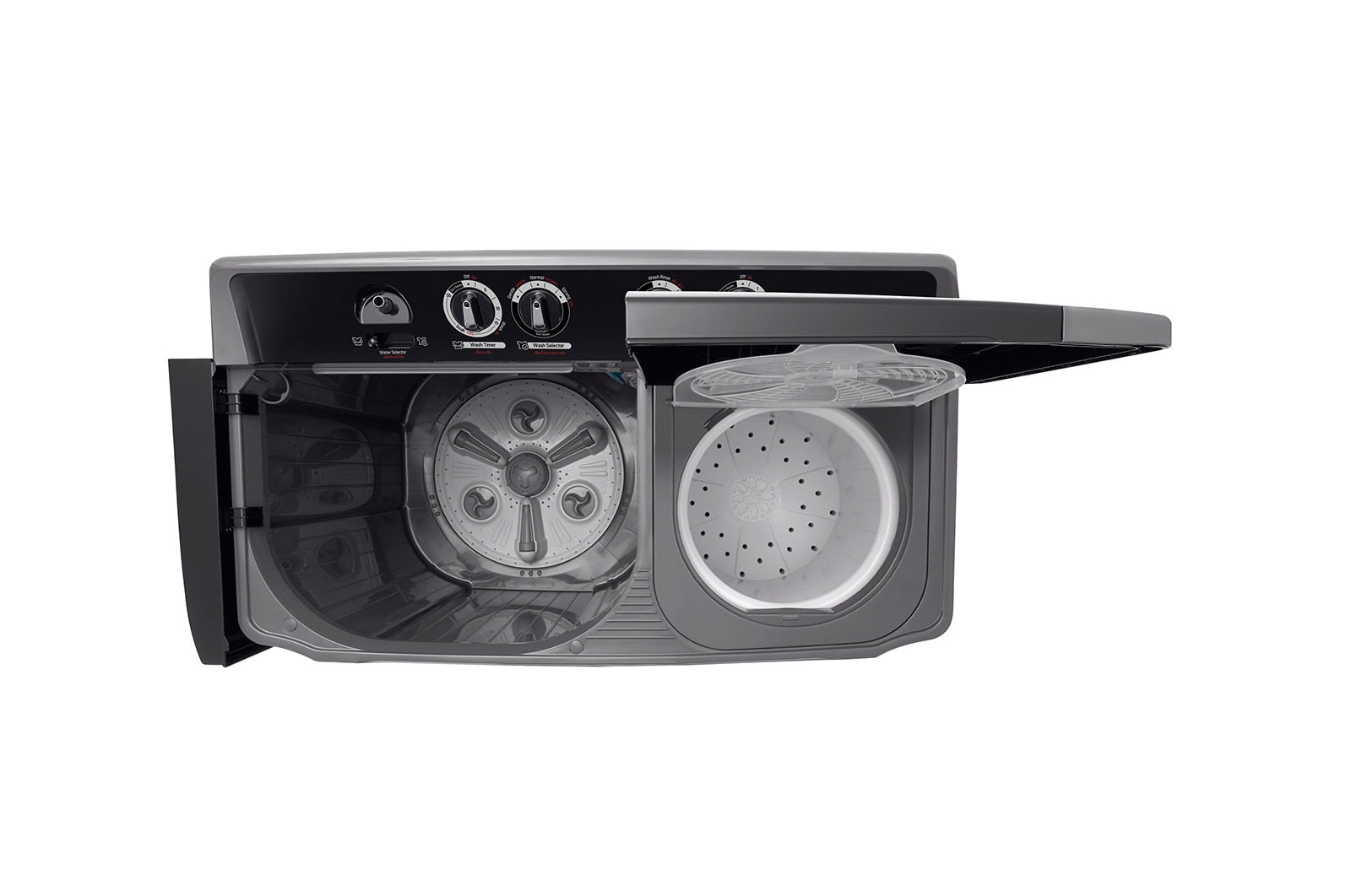 Twin tub with both lids open, showing the pulsator in the wash tub and the perforated spin basket beside it
