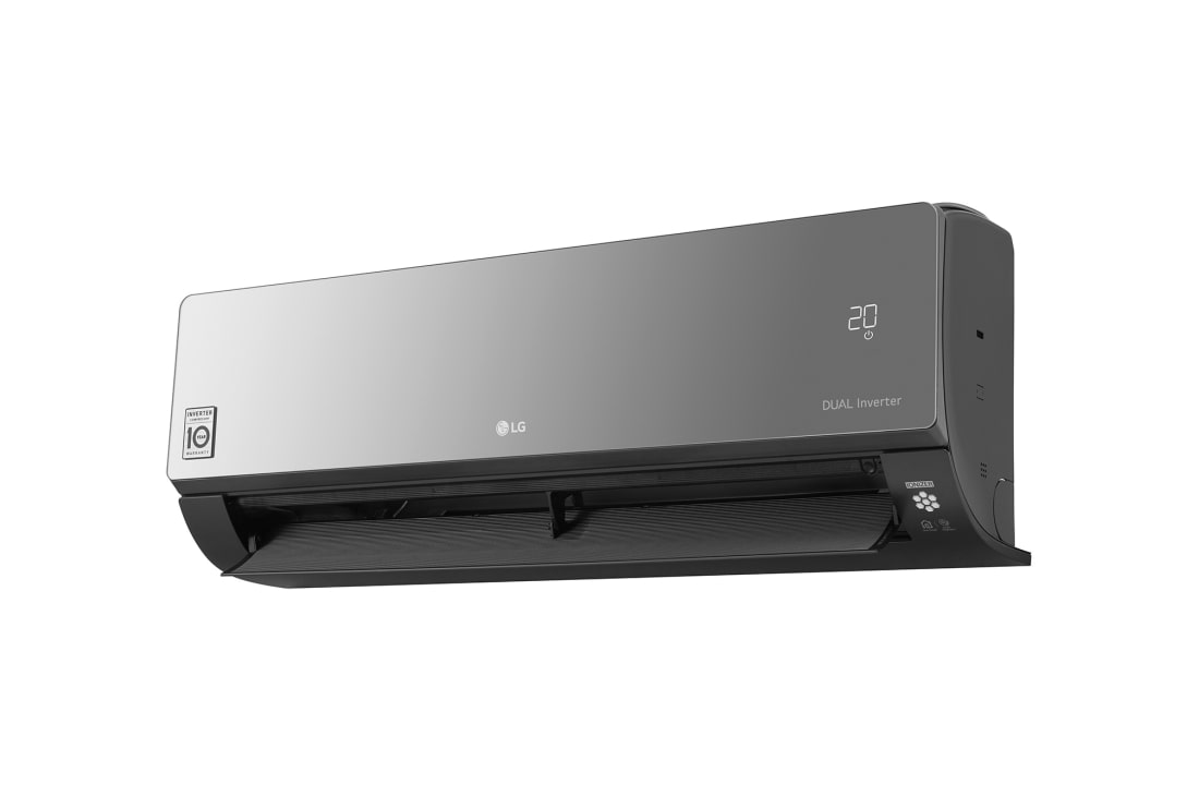 Angled view of the LG ARTCOOL indoor unit with its mirror-glass front, black body, louvre open and the display reading 20
