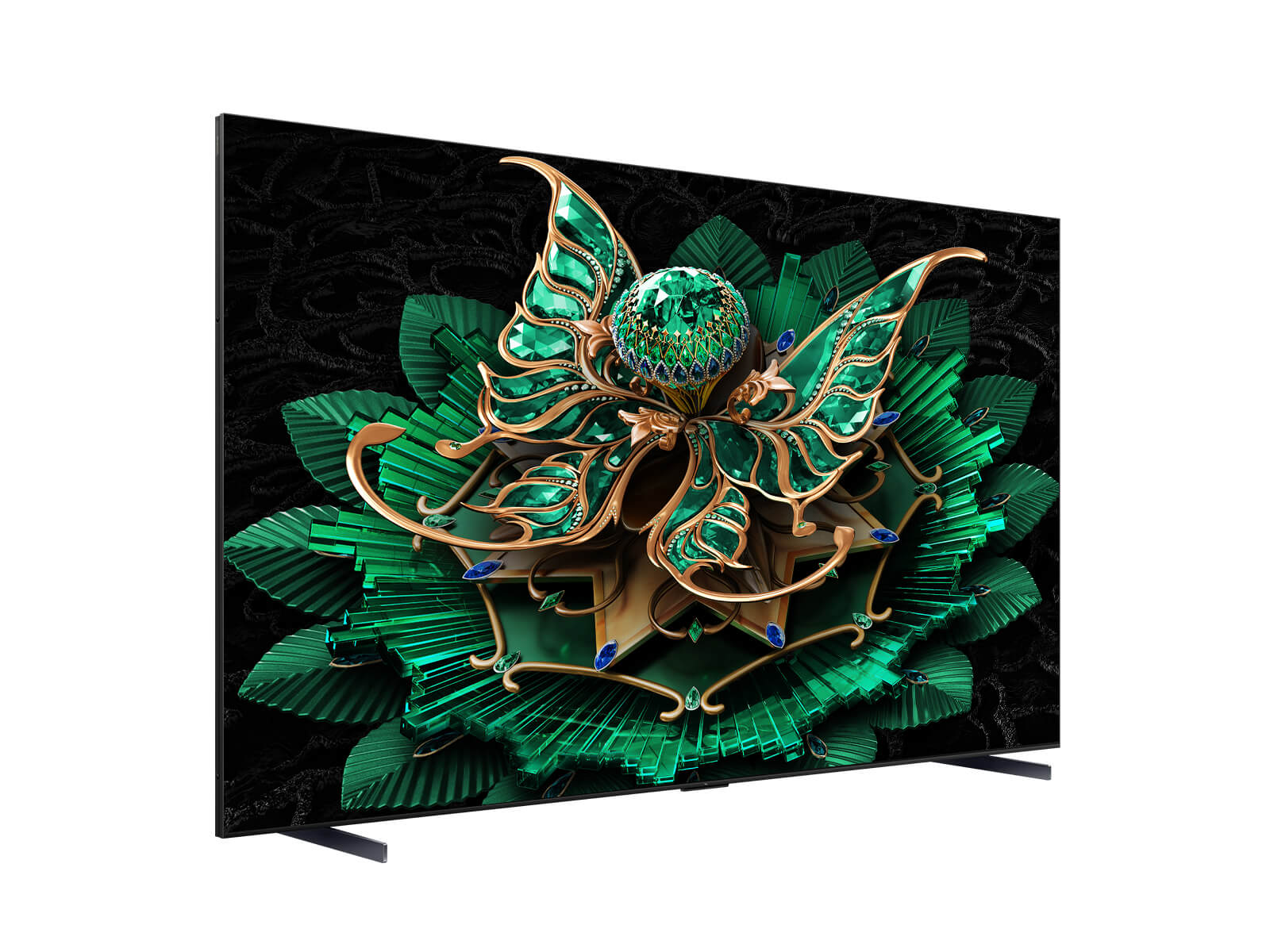 The TCL 115C7K from the left, showing the slim frame and feet
