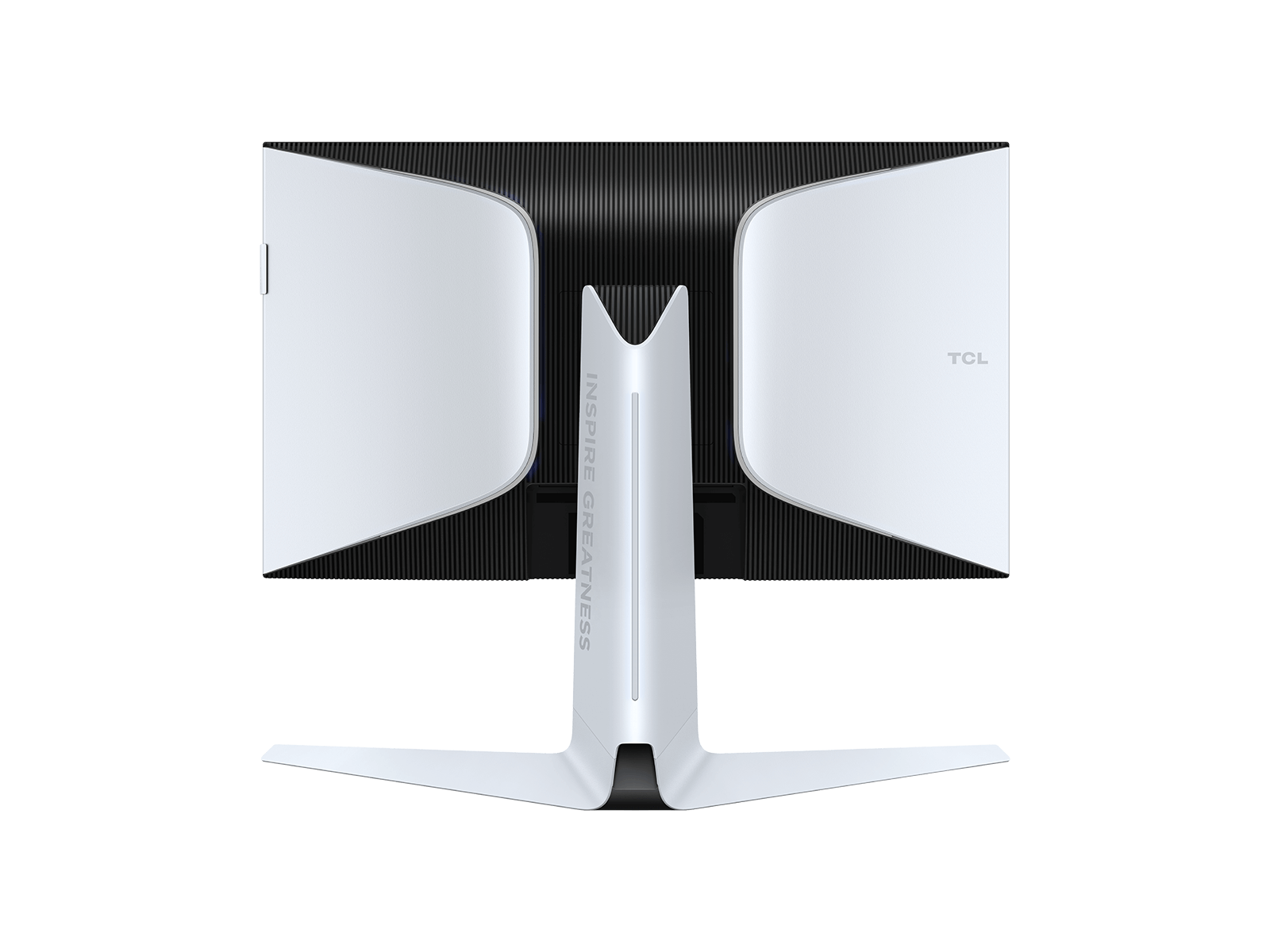 Back of the TCL 27R73Q in white, with the stand column and V-shaped base