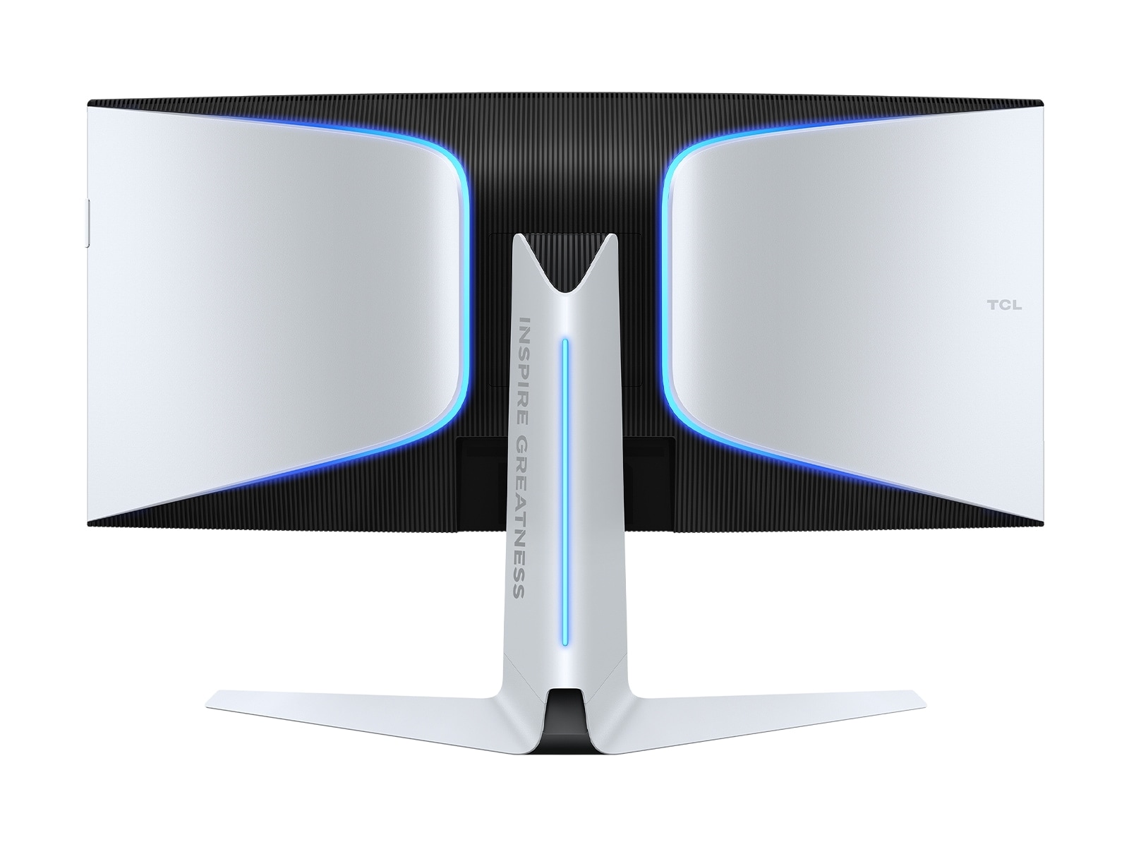 Back of the TCL 34R83Q in white, with blue lighting around the panel