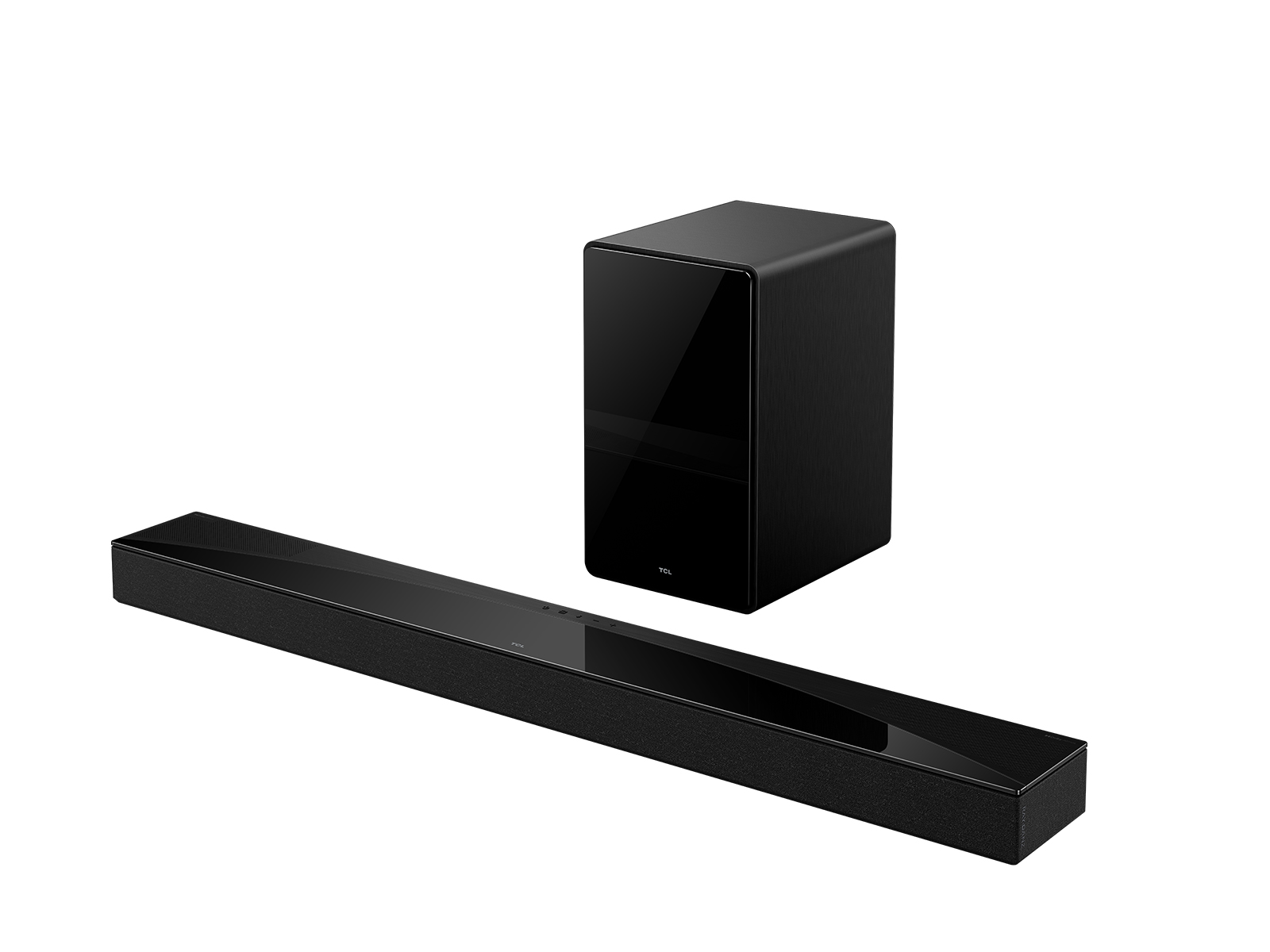 The TCL Q75H soundbar with its wireless subwoofer