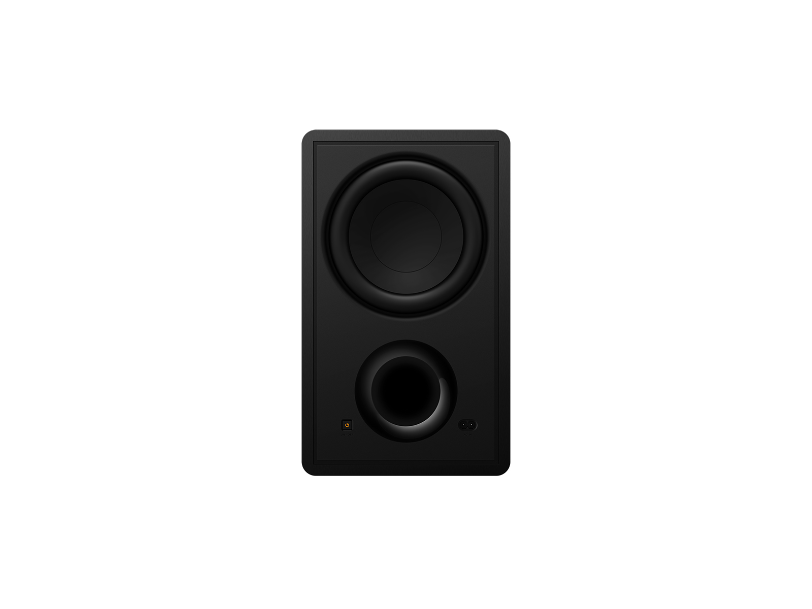 The TCL Q75H subwoofer showing its two bass drivers