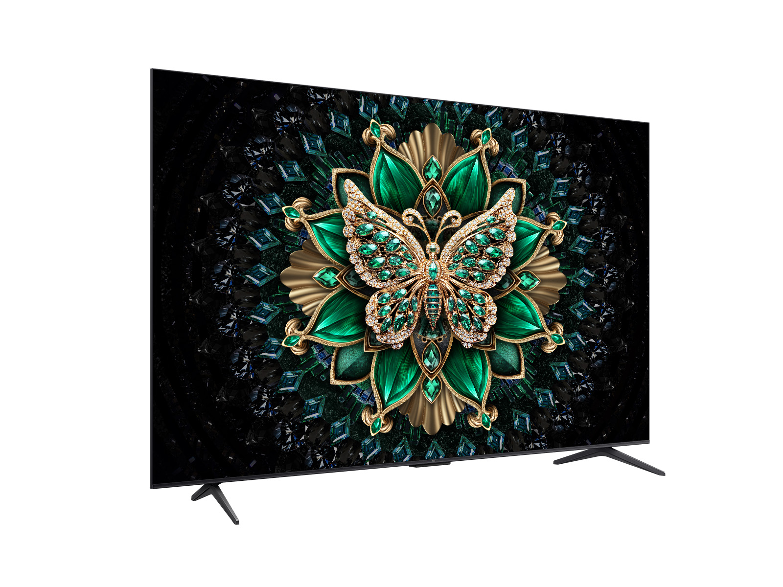 The TCL 75C6K from the left, showing the slim frame and feet