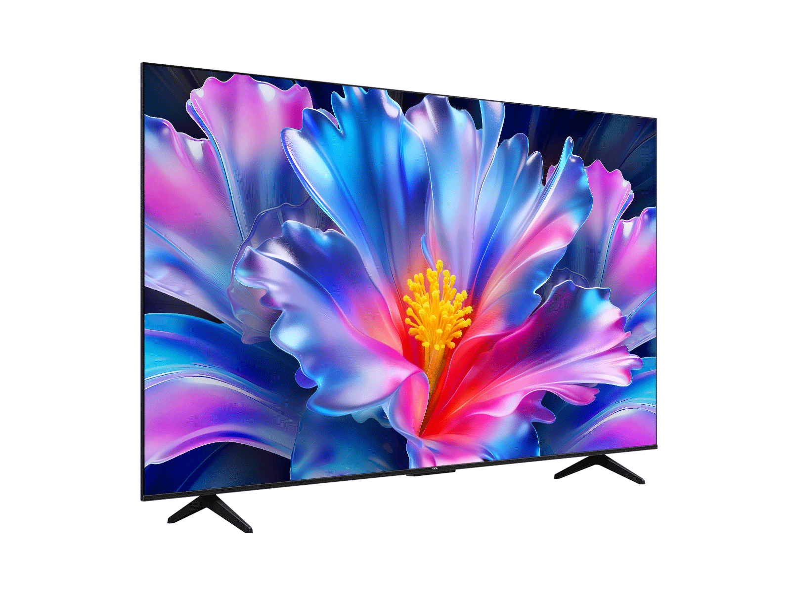 The TCL 75P6L from the left, showing the slim frame and two feet