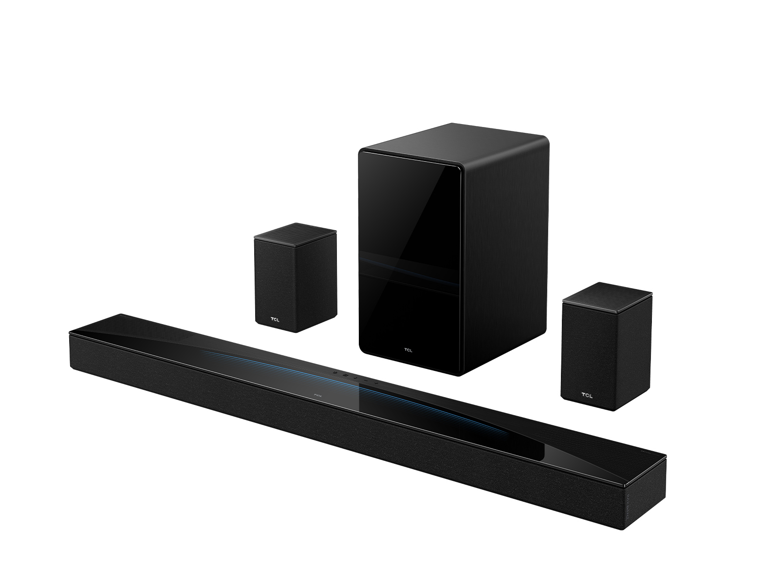 The TCL Q85H soundbar with its wireless subwoofer and two rear speakers