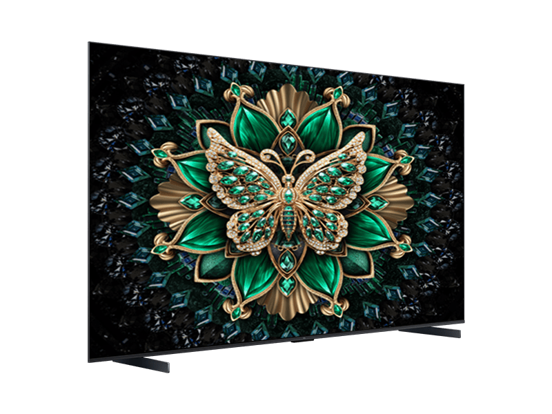 The TCL 98C6K from the left, showing the slim frame and feet