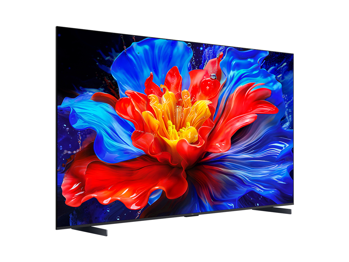 The TCL 98P8K from the left, with a bright red and blue flower on screen