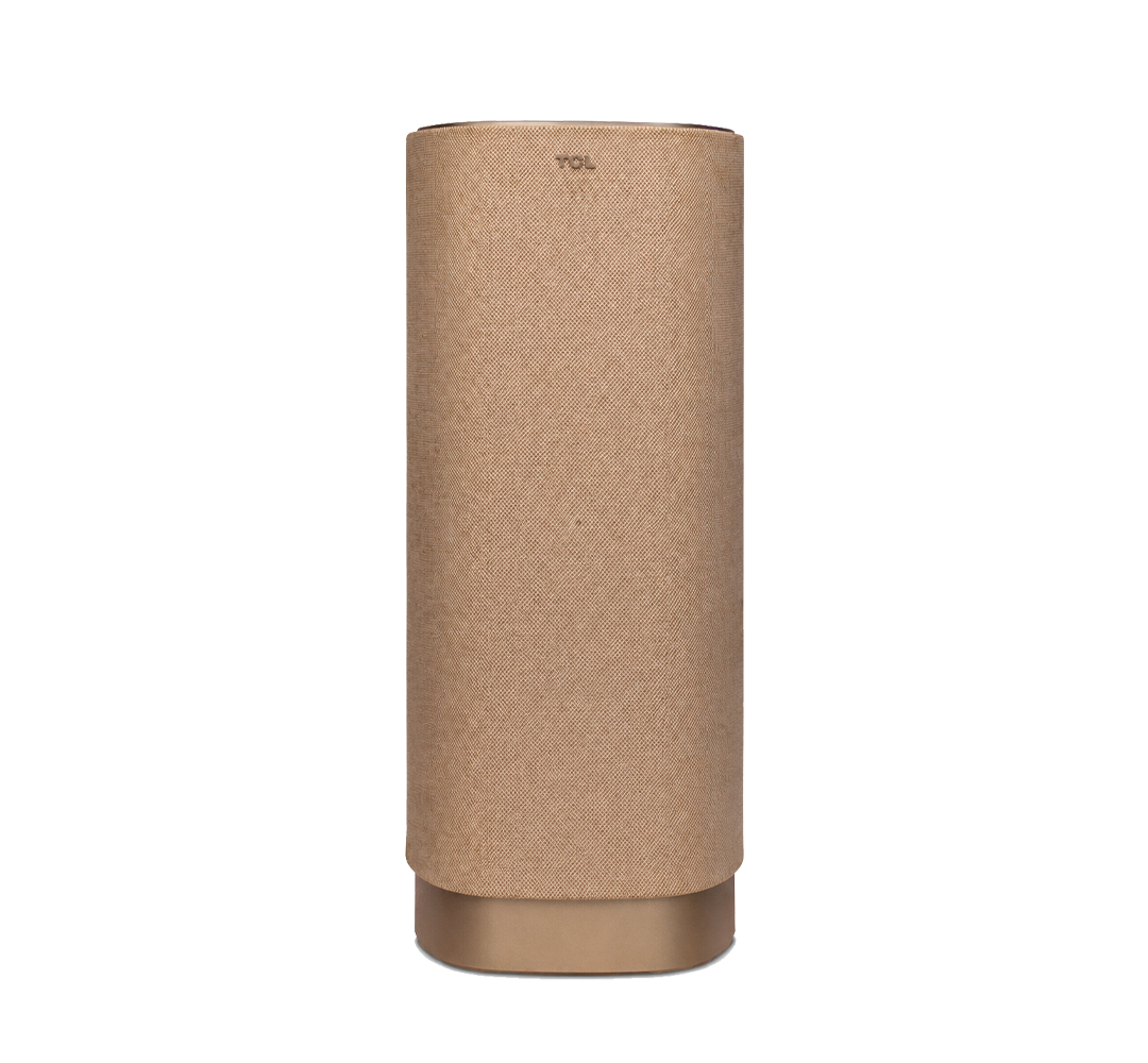 Front of the TCL Z100 speaker in golden, with a beige fabric cover with gold-coloured trim and base