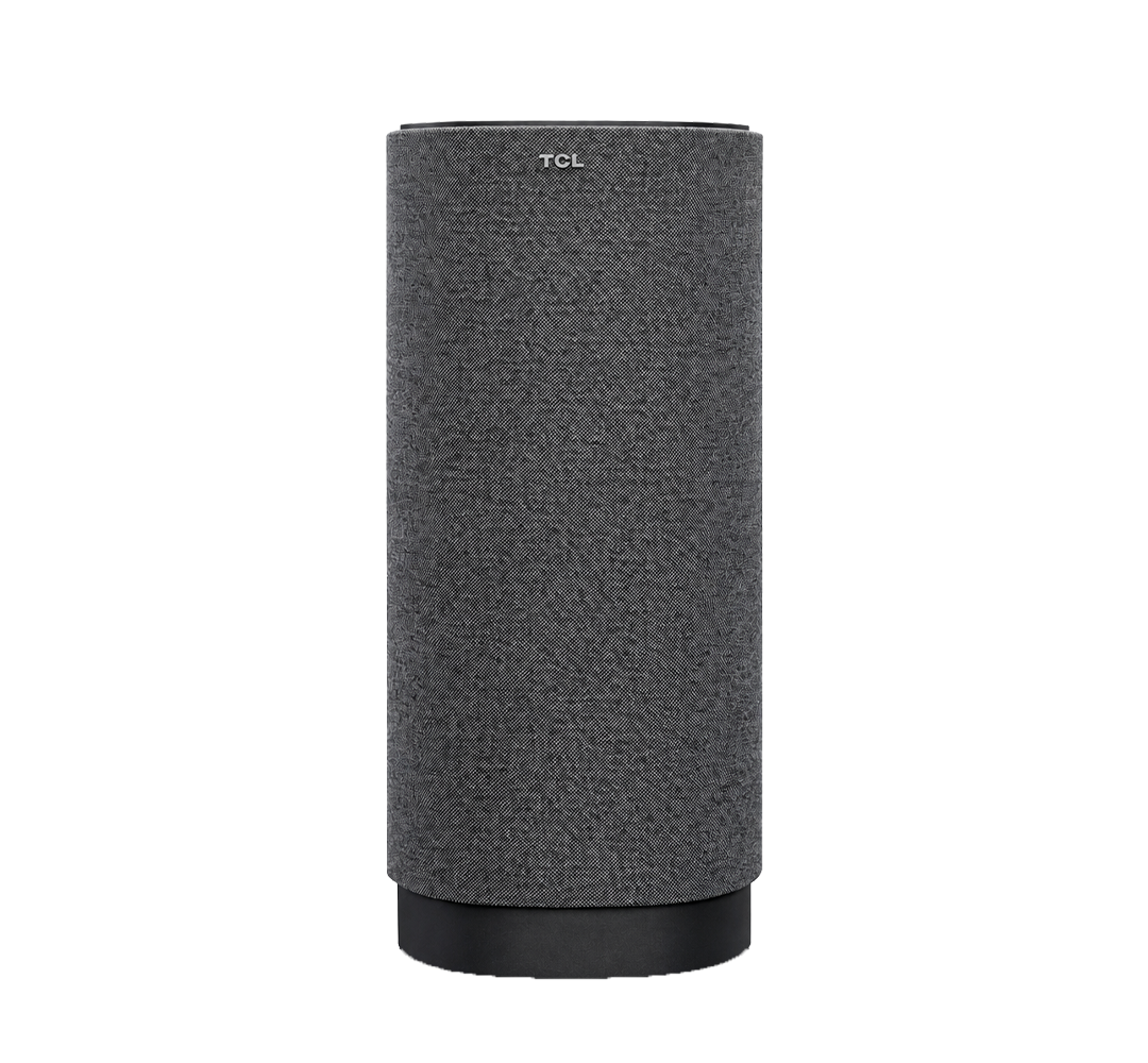 Front of the TCL Z100 speaker in metal, with a dark grey fabric cover over a dark base
